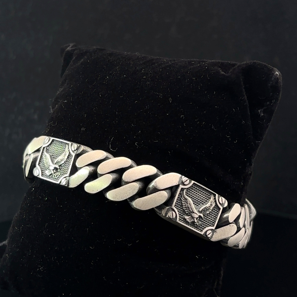 Silver Man's Cuban With Eagle Bracelet