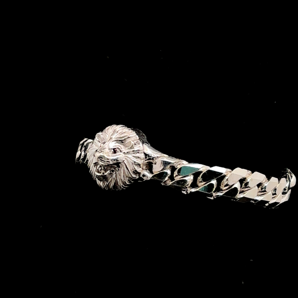 Silver Man's Cuban With Lion Face Bracelet