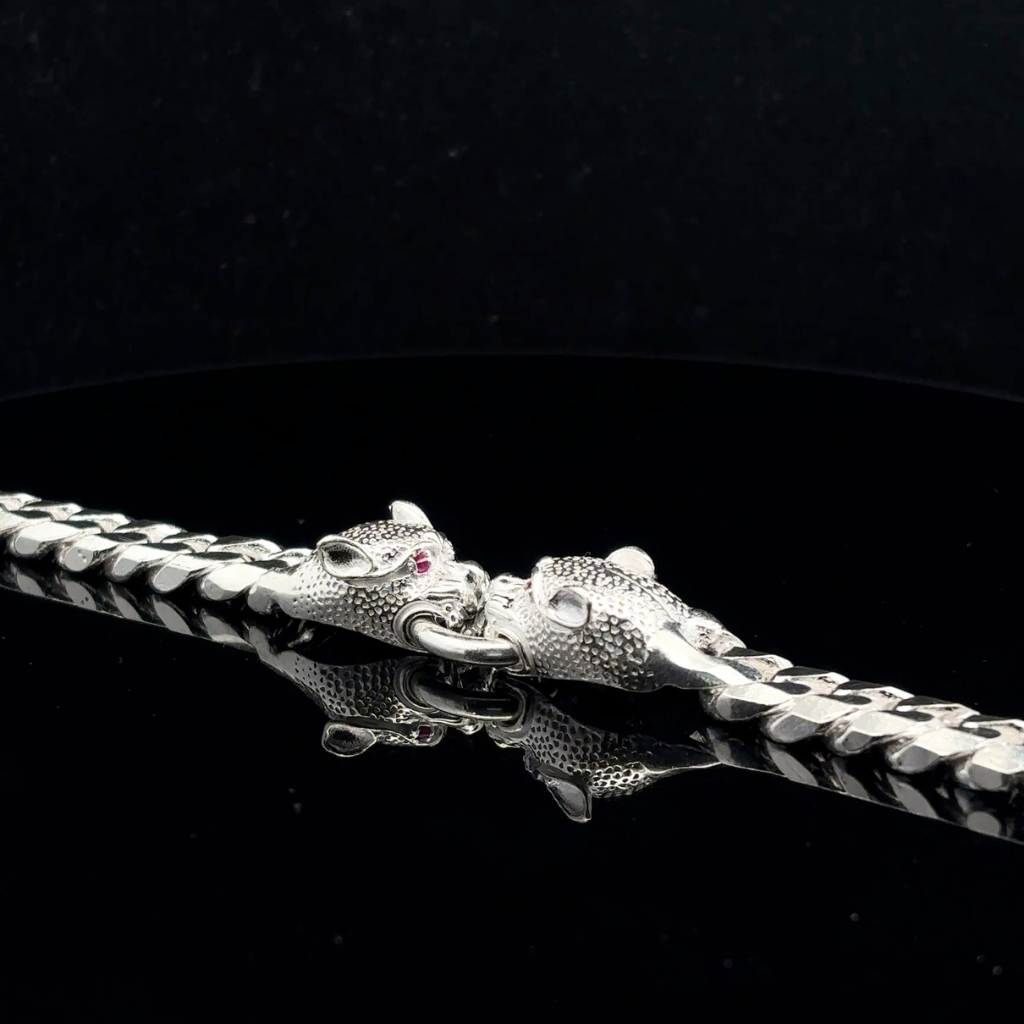 Silver Man's Bracelet With Twin Tiger Face