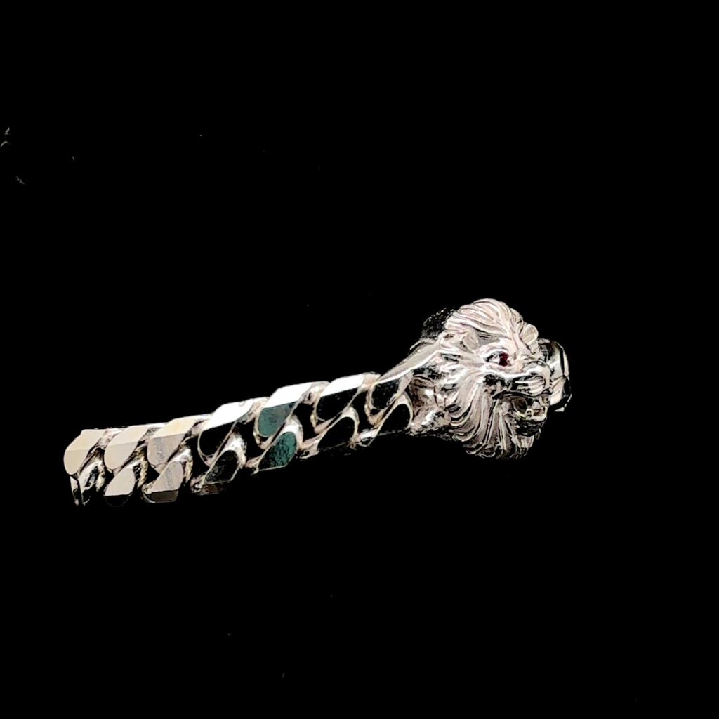 Silver Man's Cuban With Lion Face Bracelet